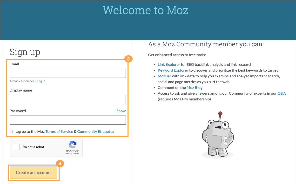 Moz Community Sign up page with form asking for your email, unique display name, and password.