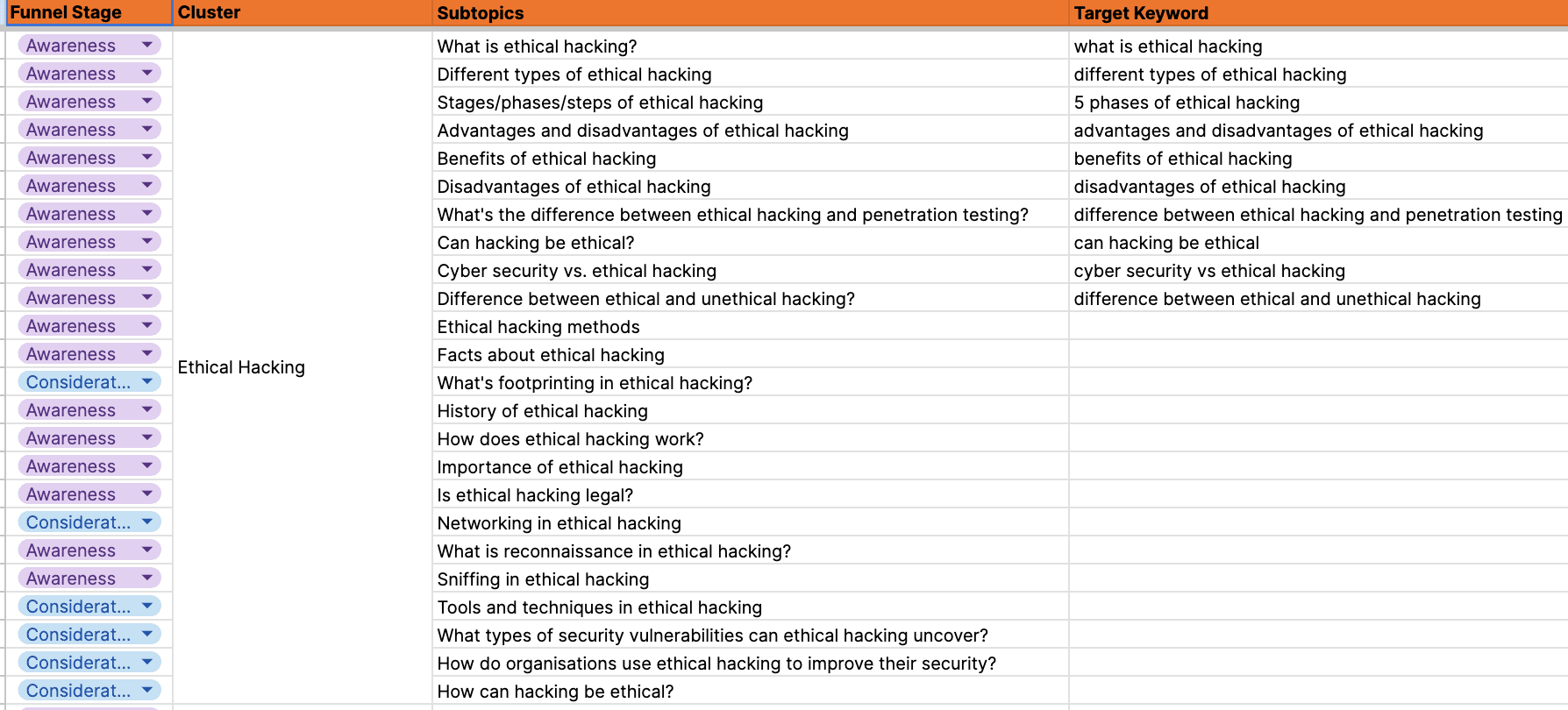 Content plan organized by funnel stage, cluster, subtopics and target keyword.