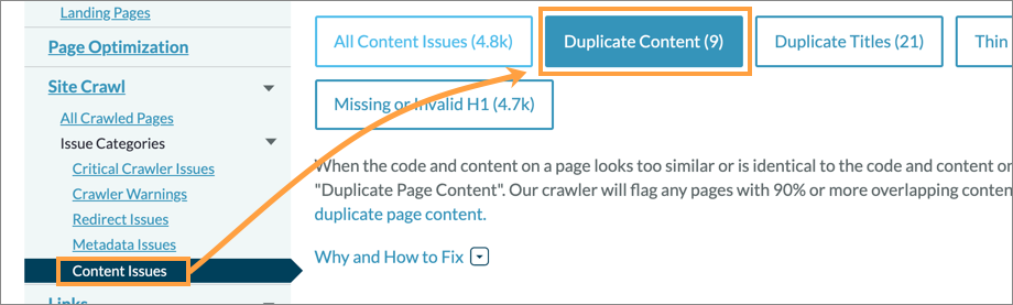Content issues menu location and duplicate content tab on page location.