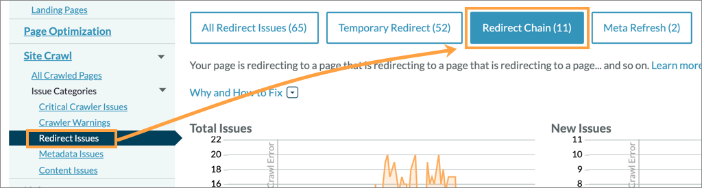 Redirect issues menu location and redirect chain tab on page location.