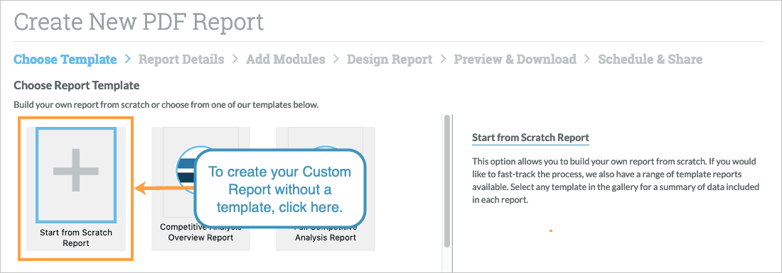 The first option in the report setup wizard is to create your report from scratch.