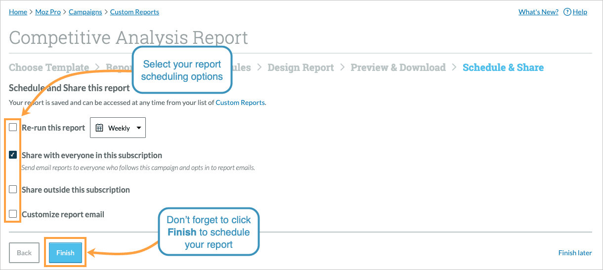 Use the checkboxes to select your report generation and distribution options.