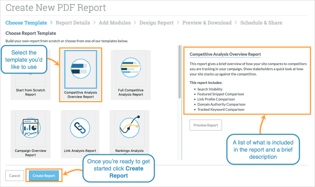 After selecting your report type, click create report.