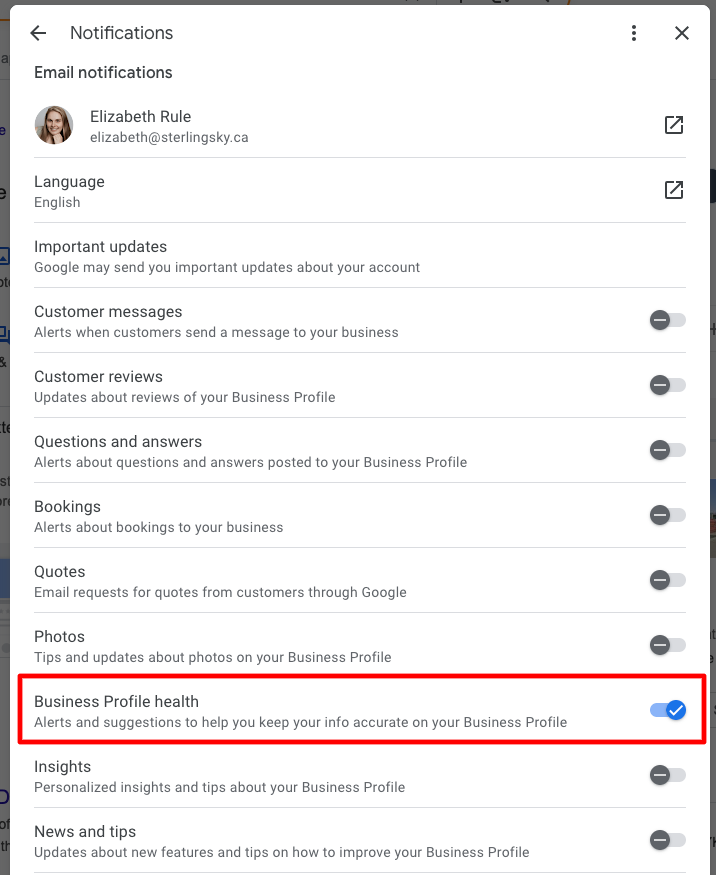 Screenshot showing Google email notification preferences.