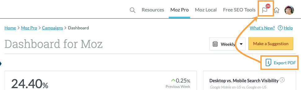 Exported reports can be found by clicking the notifications flag on the top right.