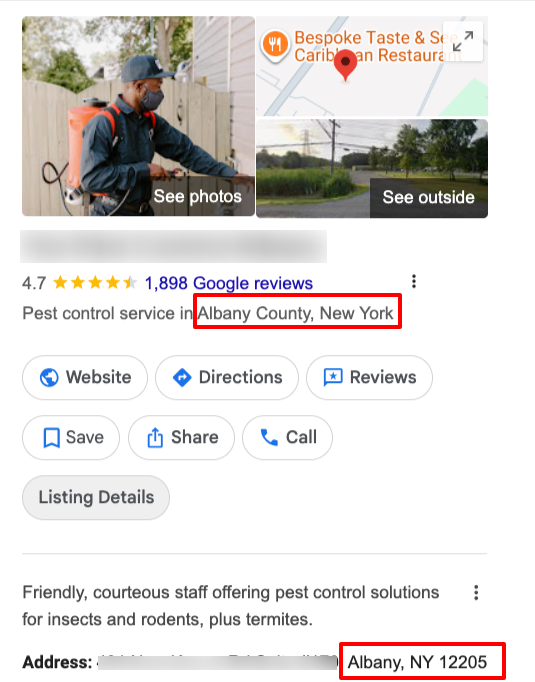Screenshot of a listing on Google with the city as Albany County.