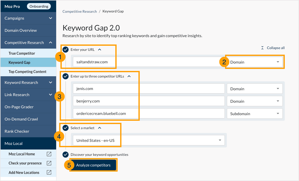 To get started with Keyword Gap, enter in your domain and the domains of your competitors.