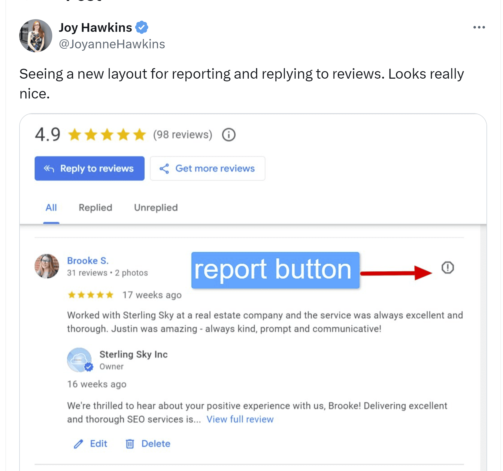 Google has added some new features for reporting reviews via a button with an exclamation point in it