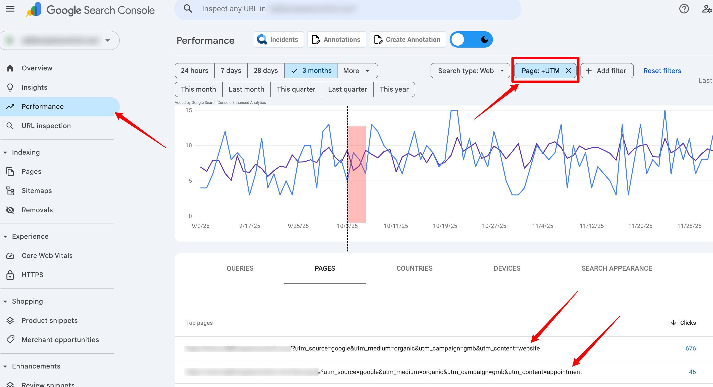 Screenshot of Google Search Console with UTM filter in place.