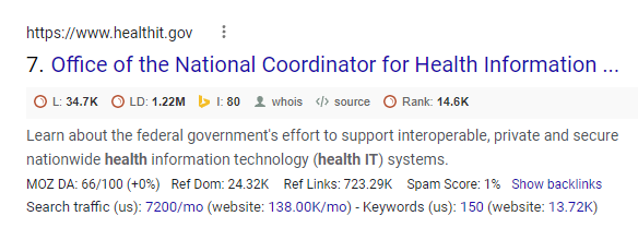 Screenshot showing government database search intent for the keyword 'healthcare IT'