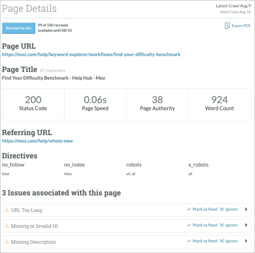 Page Details view with all page elements noted.