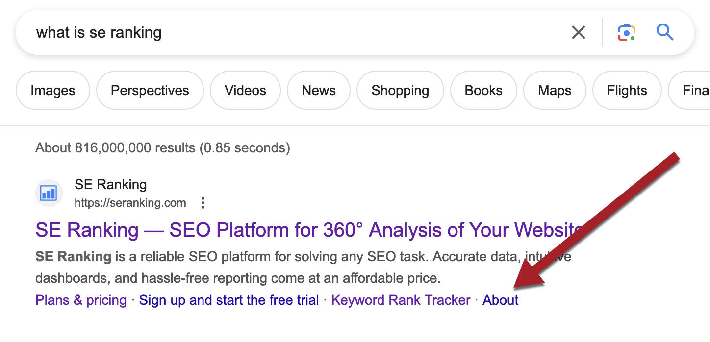About page in Google mini-sitelinks