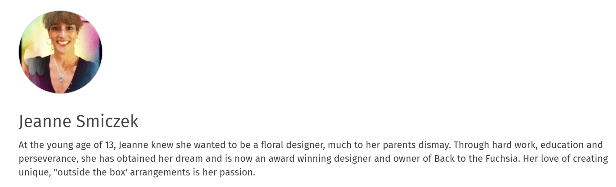 A florist's light-hearted and humorous bio, described in the following text.