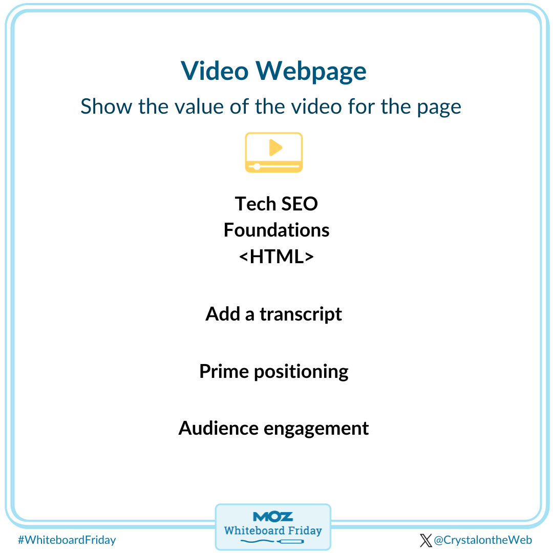 The video webpage includes technical SEO foundations, adding a transcript, prime positioning and audience engagement