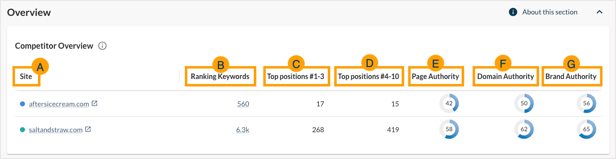 Screenshot of the competitor overview module.