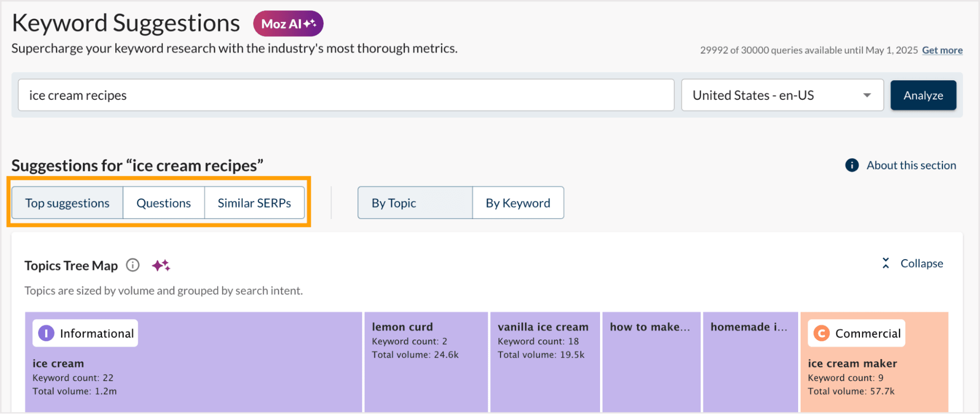 Screenshot of the suggestion types available to view.