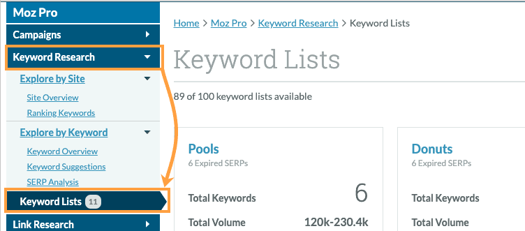 Keyword Lists location in the left hand navigation.