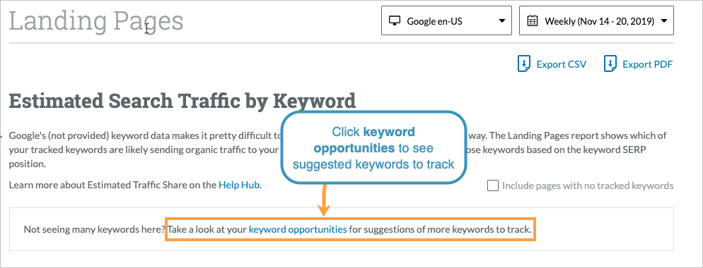 Click the keyword opportunities link to see what keywords you may want to start tracking in your Campaign.