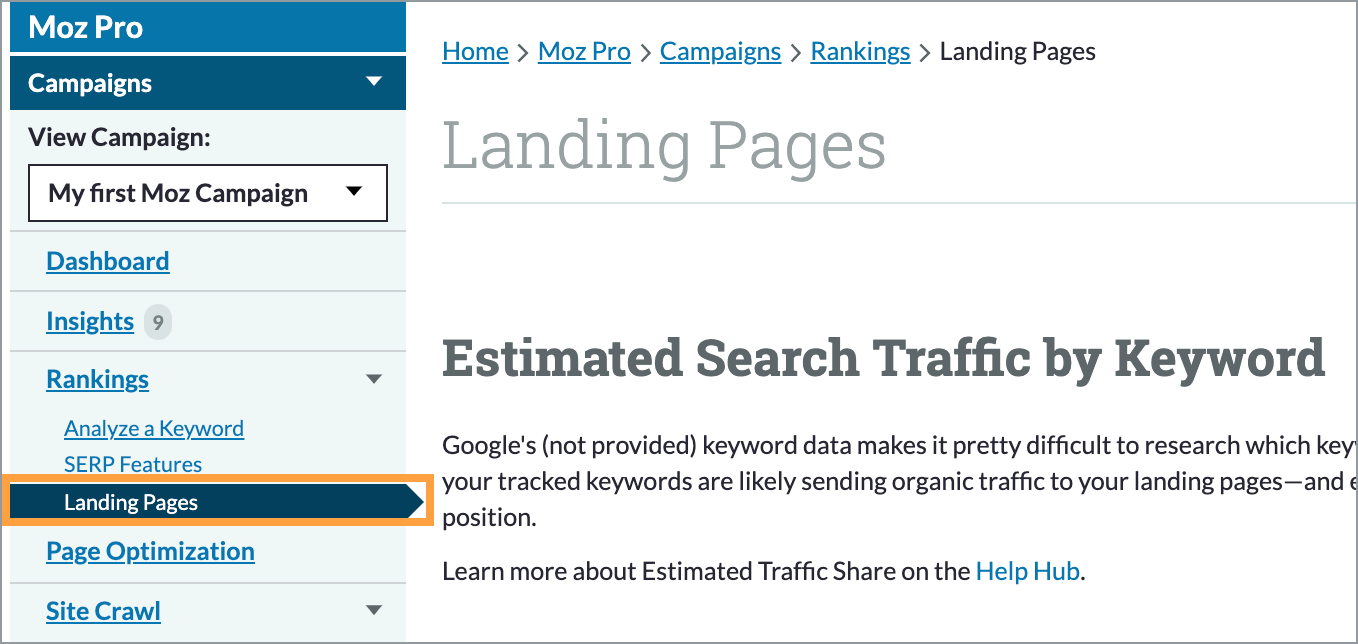 Landing Pages is nested within the Rankings section of your Campaign.
