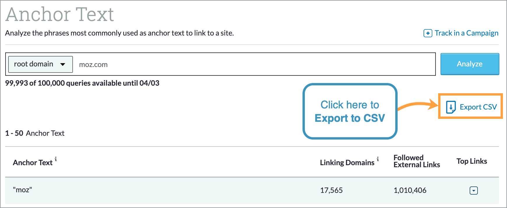 The export to CSV button is located just below the Analyze button in the Anchor Text section.