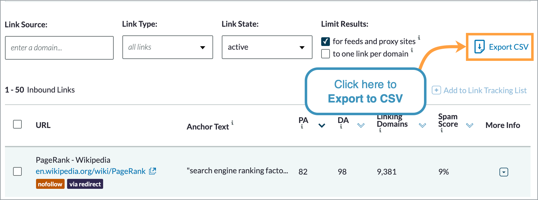 The Export CSV button is located to the right of the filter options in Inbound Links.