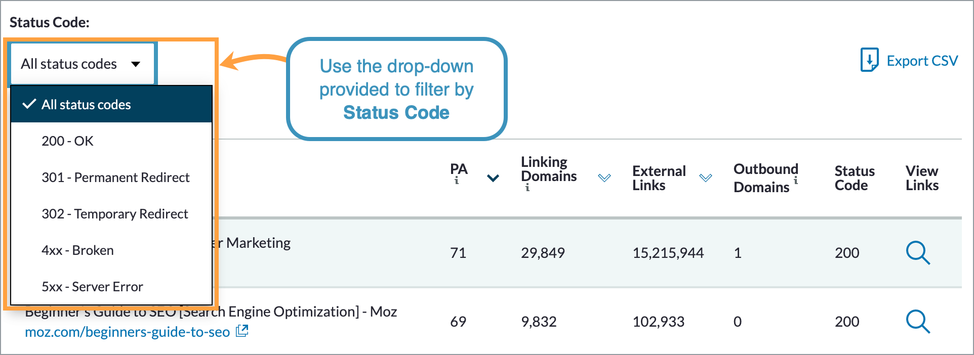 You can use the option of filtering by status code to find links pointing to broken pages on your site.
