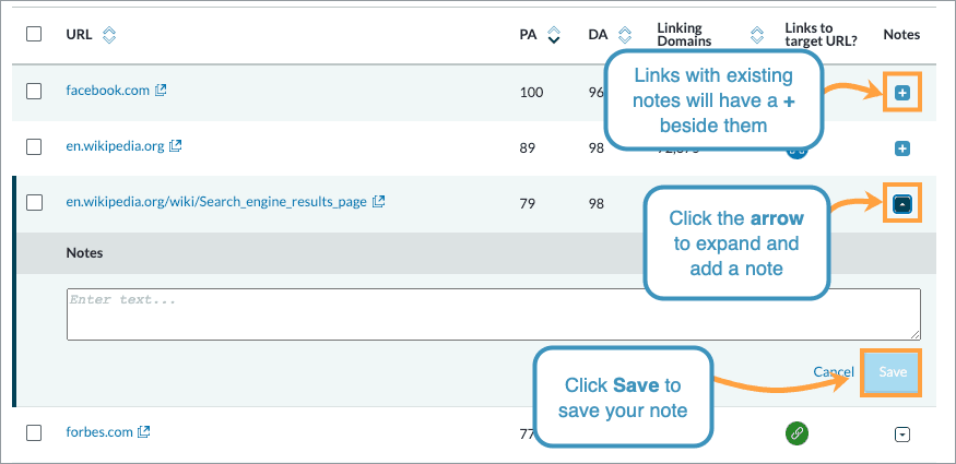 Add notes to your links by clicking the arrow in the right hand column.