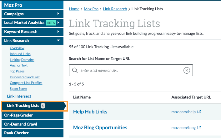 Link Tracking Lists are available via the left-hand navigation menu for the Link Explorer tool.