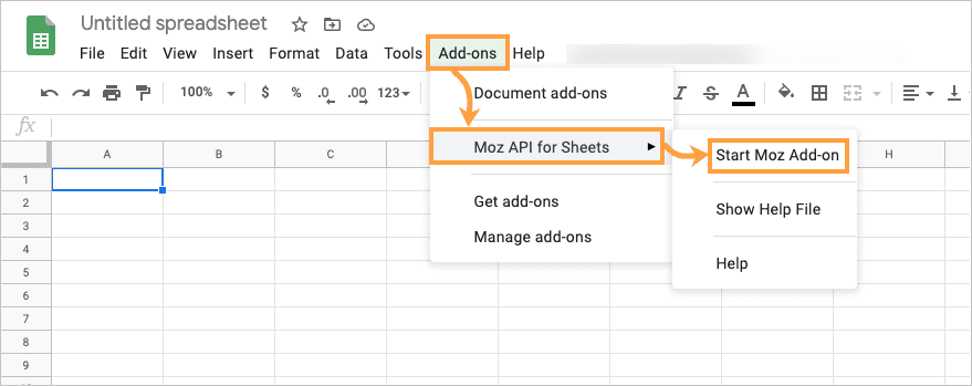 Add-ons menu location in Google Sheets. From this menu, select Moz API for Sheets and then Start Moz Add-on.
