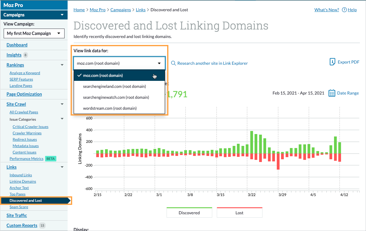 Location of the Discovered and Lost section in the left-hand navigation menu.