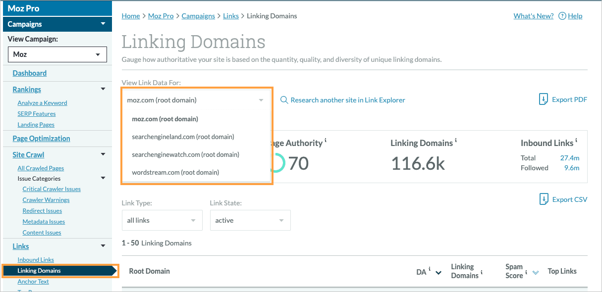 Location of Linking Domains in the left hand navigation menu.