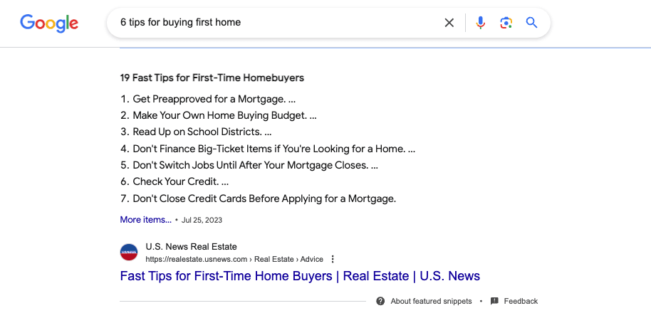 List featured snippet