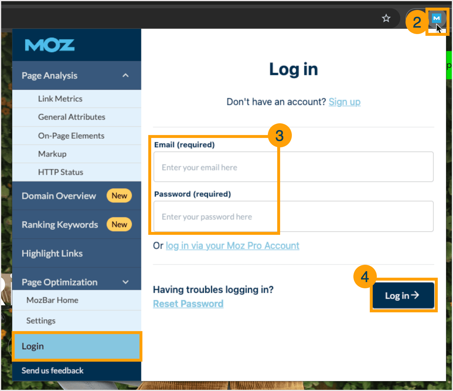 Screenshot of MozBar login screen.