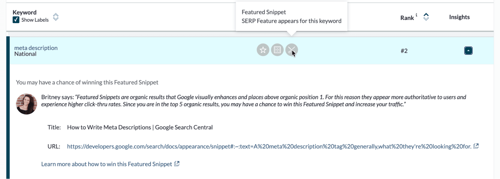 Screenshot of a featured snippet recommendation in Moz Pro.