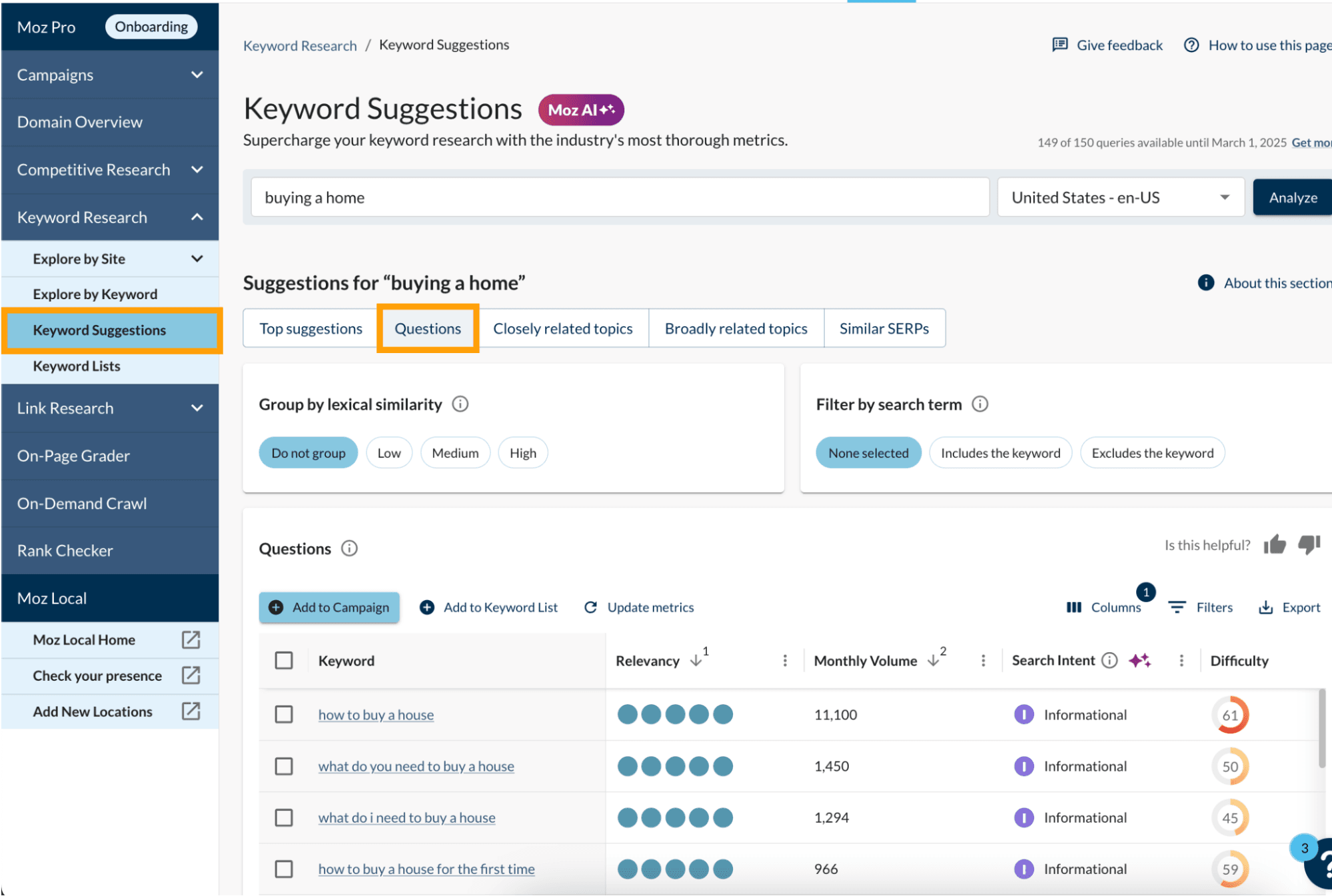Screenshot of keyword suggestions in Moz Pro.