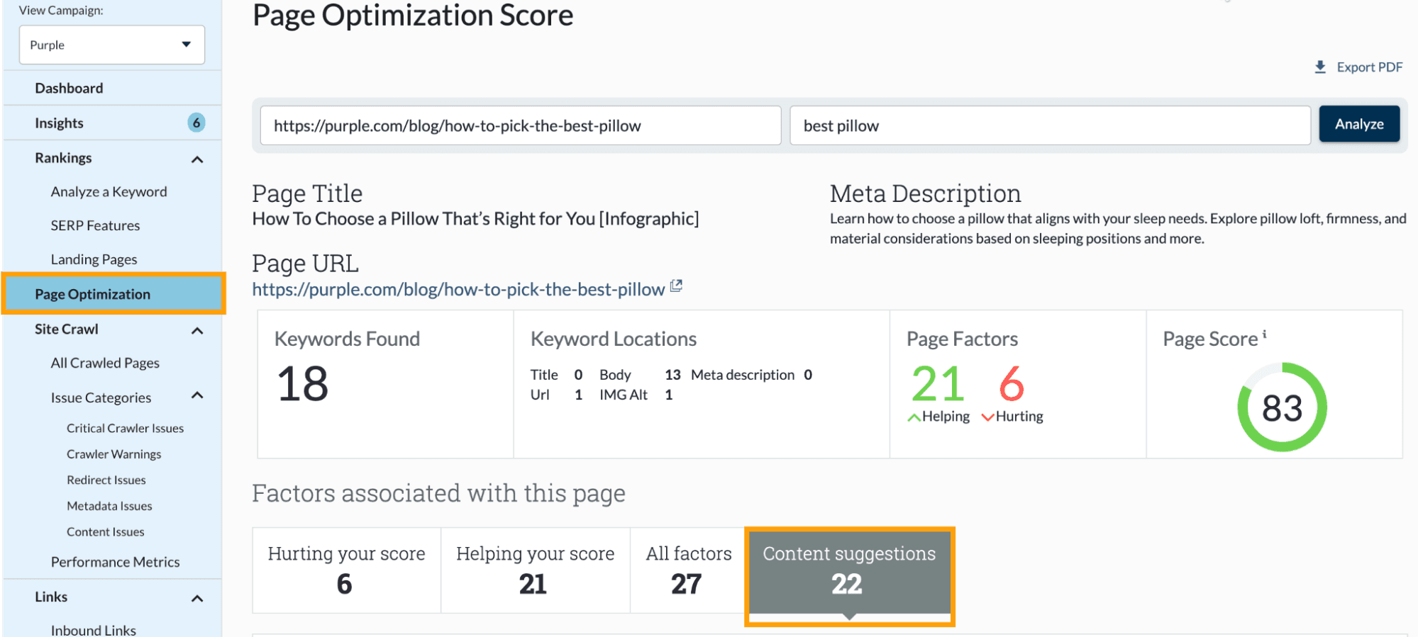 Screenshot of the Page Optimization tool in Moz Pro Campaigns.