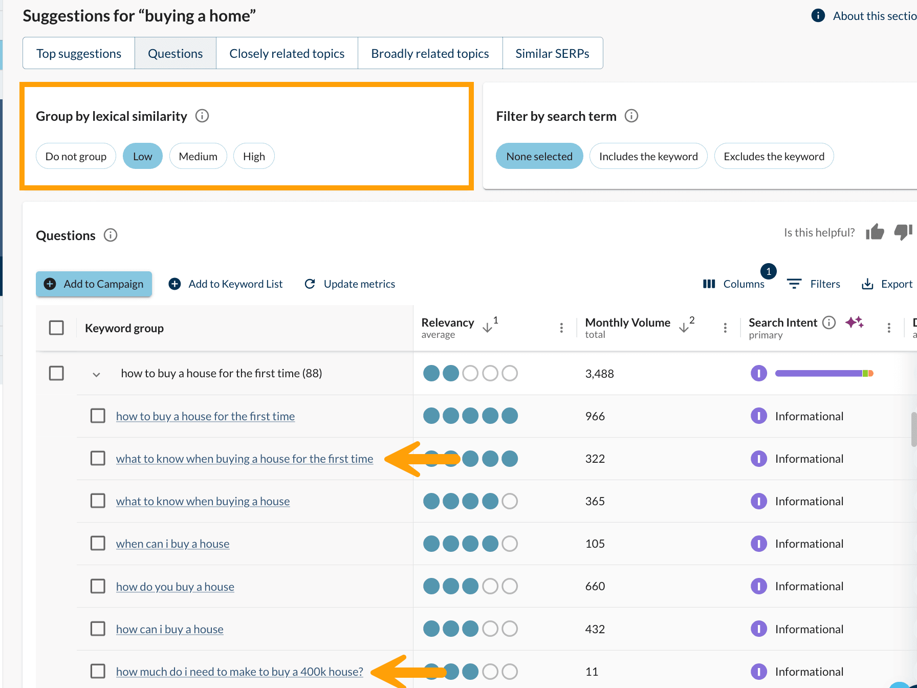 Screenshot of the questions view in keyword suggestions.