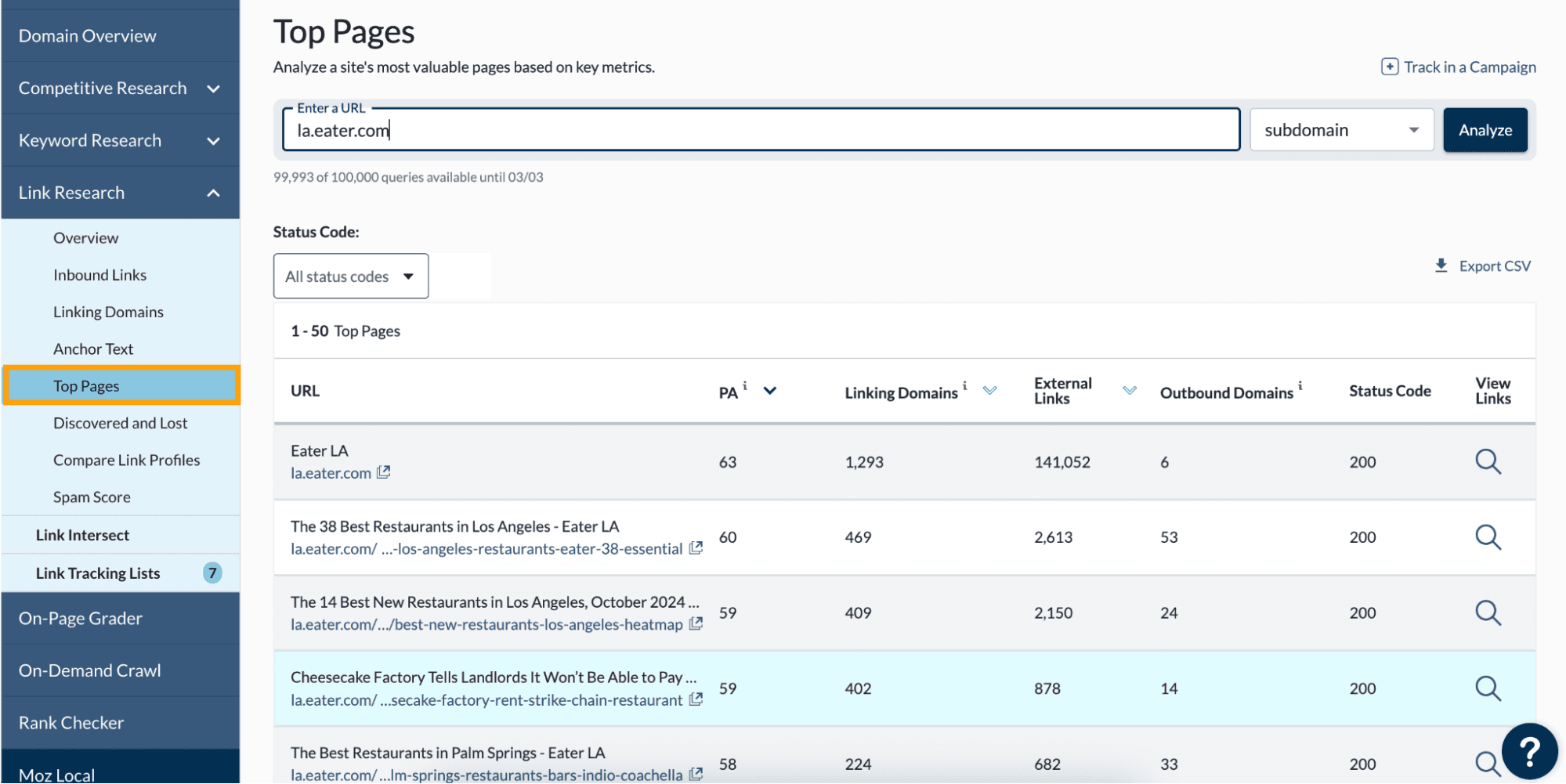 Screenshot of the Top Pages view in Link Explorer.