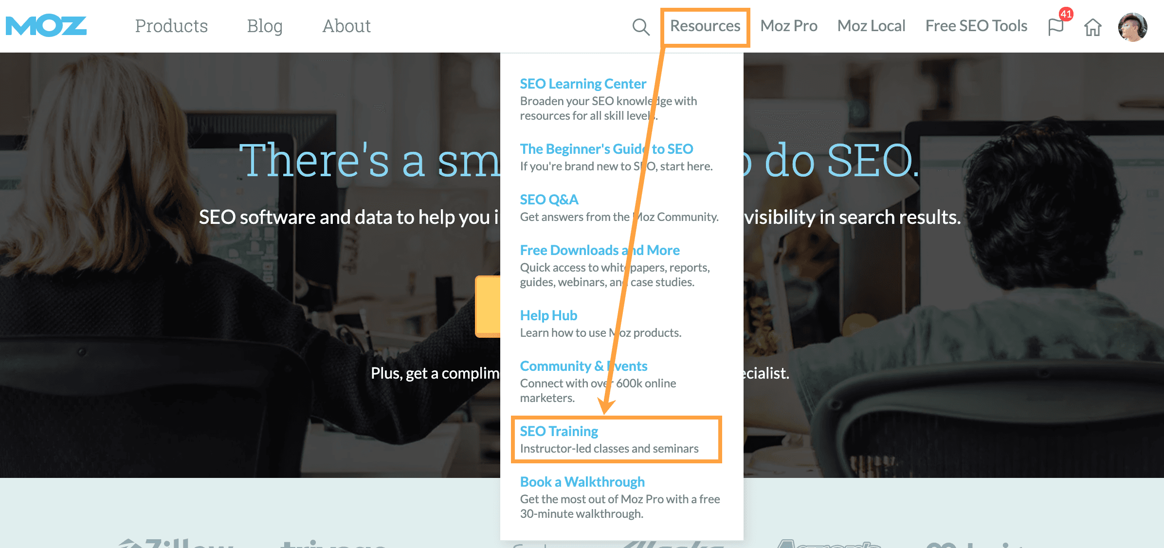 The SEO Training option is located in the Resources menu.