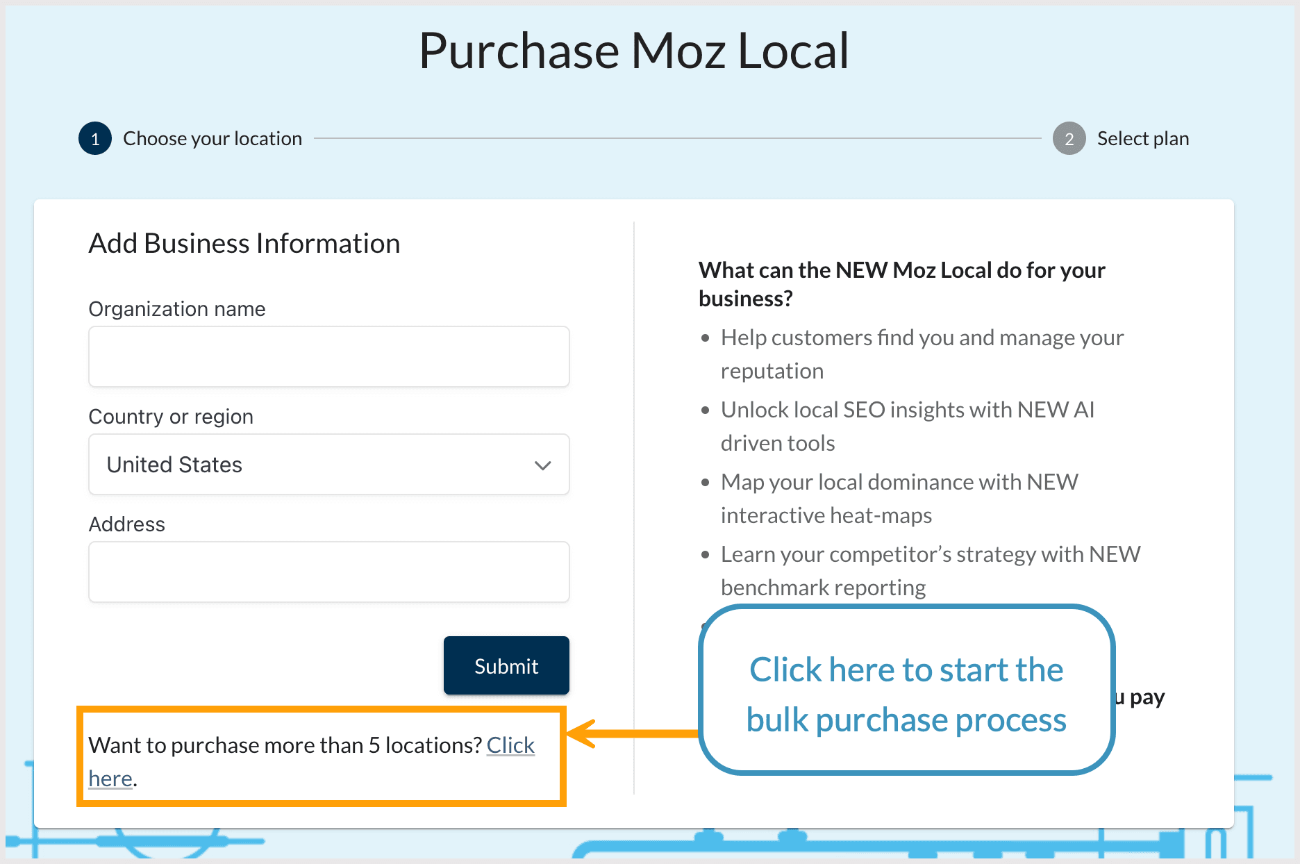 Screenshot of the Purchase Moz Local page.