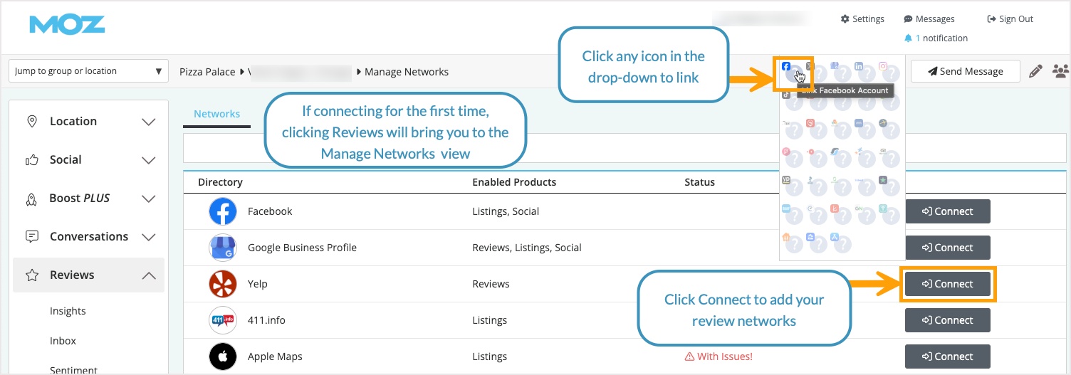 Screenshot of where to link review networks at the location level.