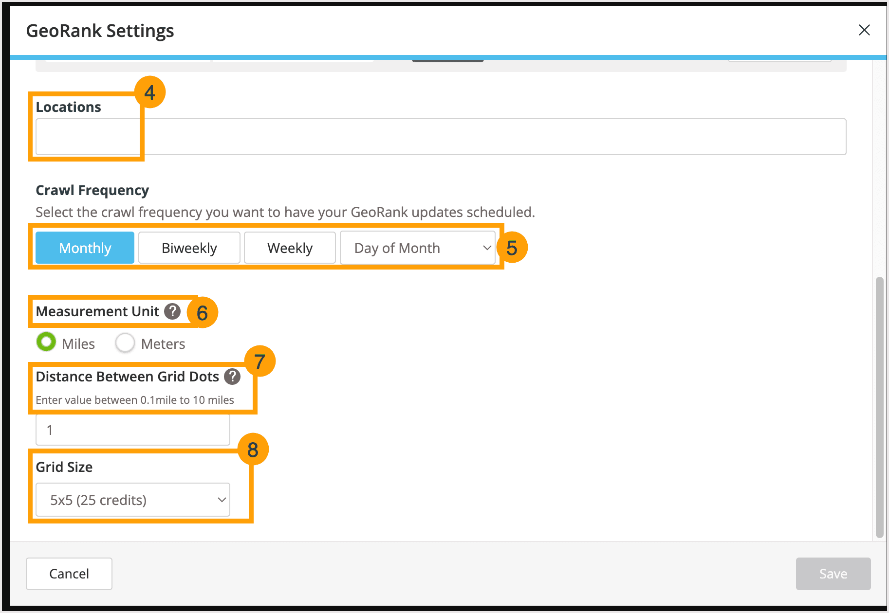 Screenshot of the new search settings module with steps 4 through 8 highlighted.