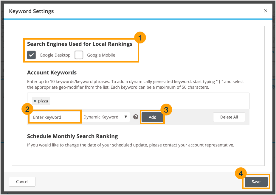Screenshot of the Keyword Settings module