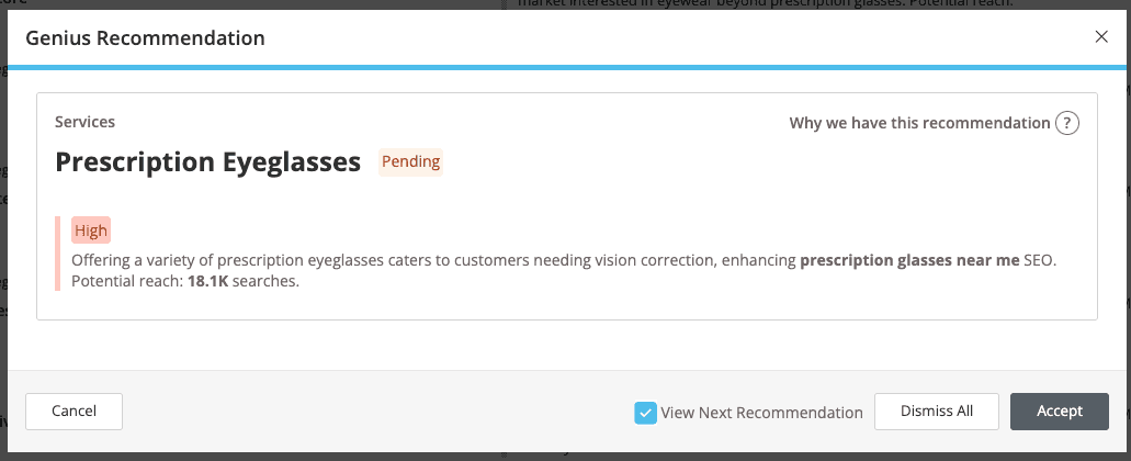 Screenshot of the popup for reviewing a recommendation for a single location.
