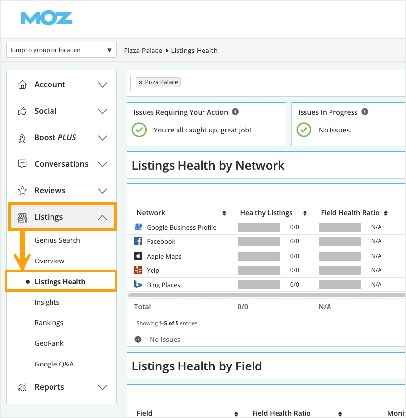 Screenshot of the left-hand navigation menu showing the location of Listings Health.