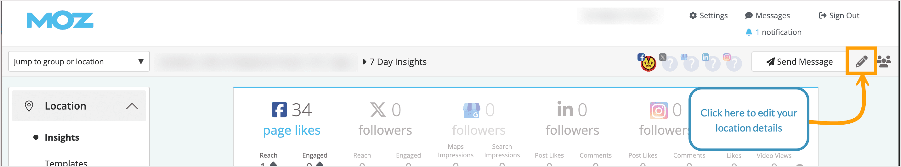 Screenshot showing where to access your location's profile information.