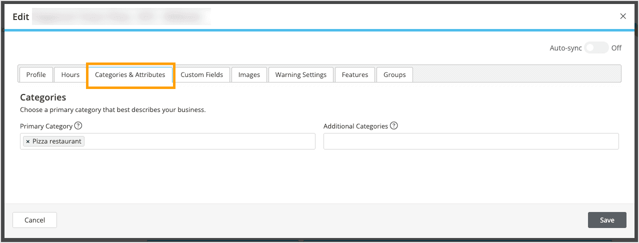 Screenshot of the categories and attributes tab in Moz Local's location editor.