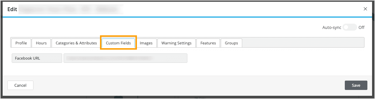 Screenshot of the custom fields tab in the location data editor.