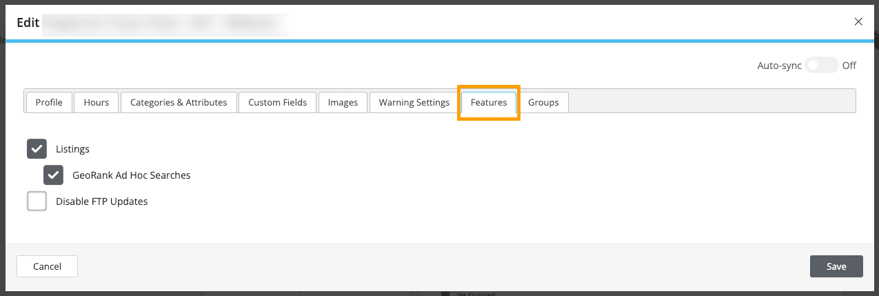 Screenshot of the features tab.
