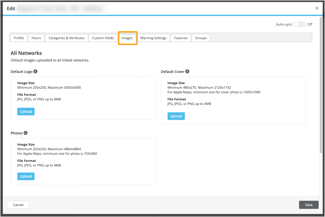 Screenshot of the images tab in the location editor.